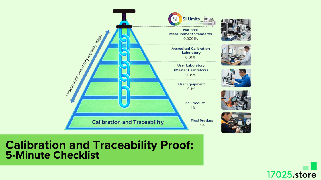 Calibration and traceability proof checklist showing SI chain and uncertainty levels